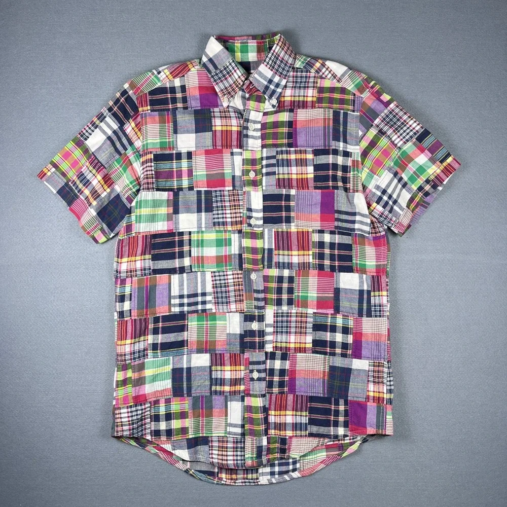 Brooks Brothers Mens S Patchwork Madras Plaid Short Sleeve Shirt Traditional